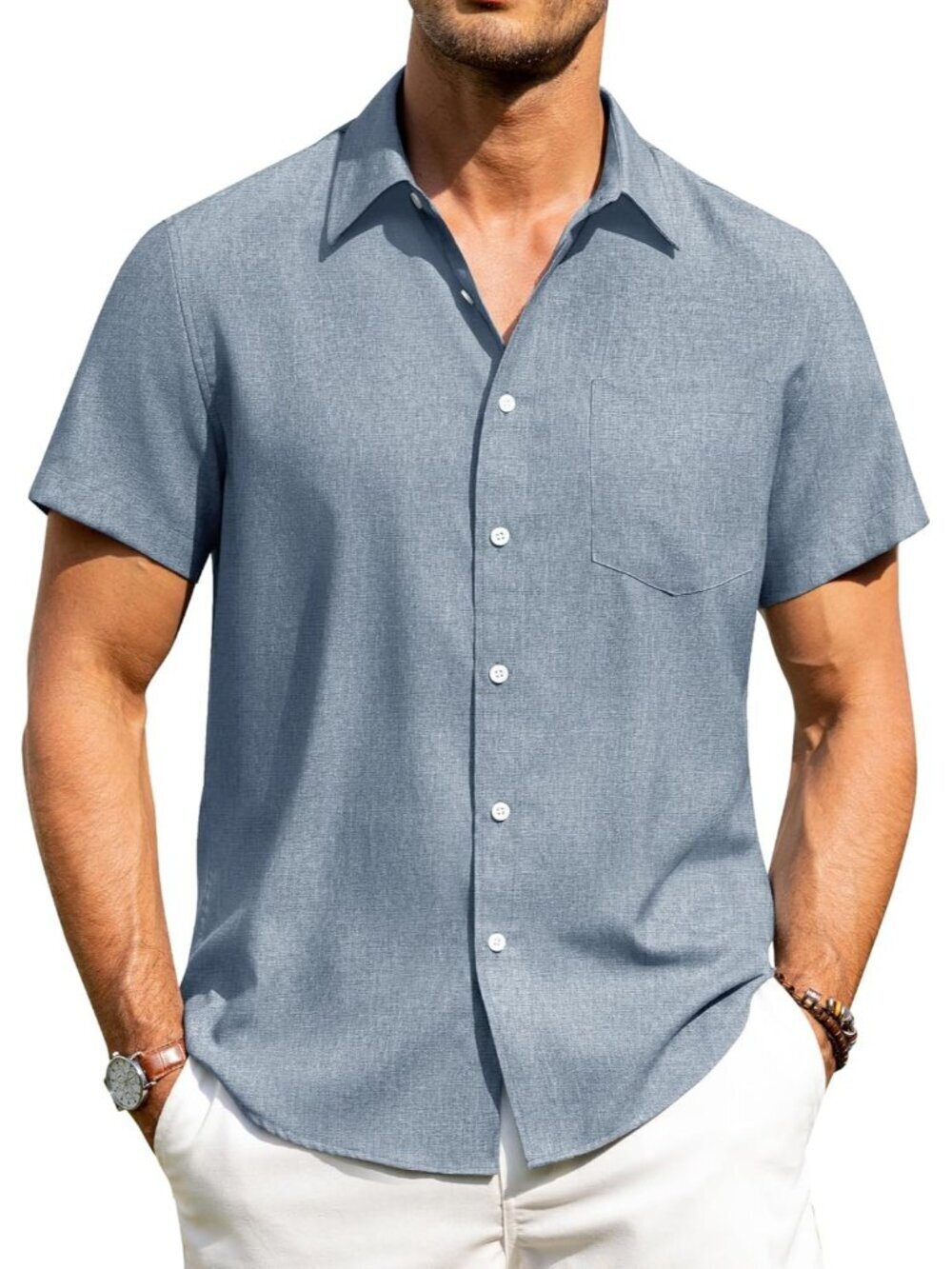 Men's Peacock Blue Short Sleeve Wrinkle Free Casual Button Down Linen Shirts